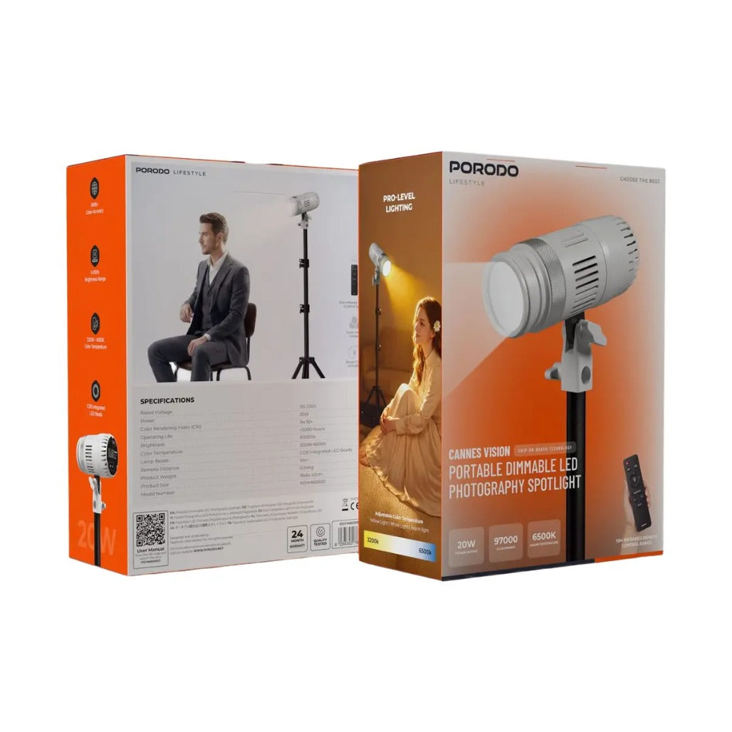 Porodo Lifestyle Cannes Vision Portable Dimmable LED Photography Spotlight - White