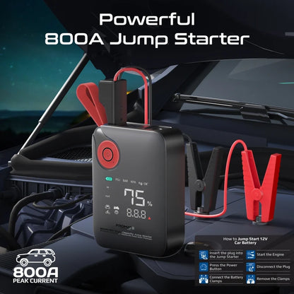 Promate 800A/12V High-Capacity Jump Starter 150PSI Air Compressor with 10000mAh Power Bank & Flashlight