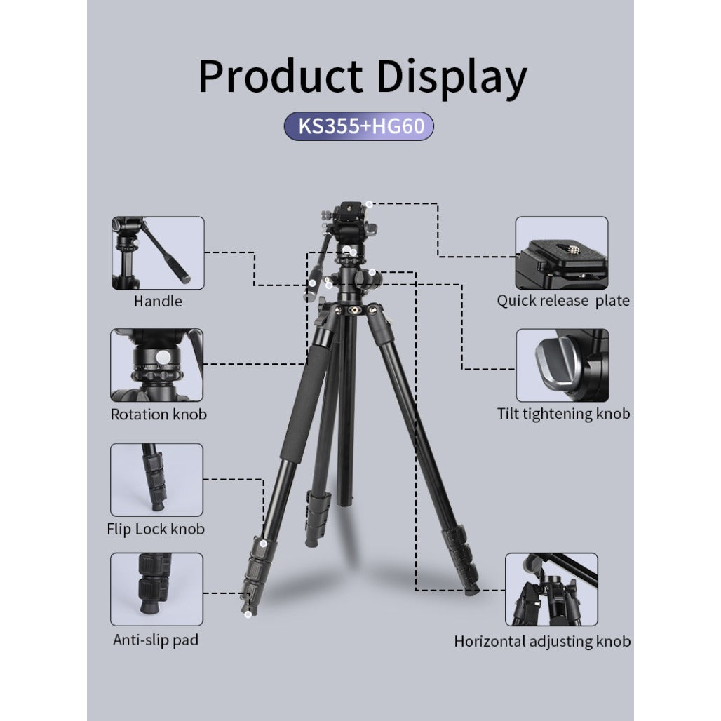Jmary 2-in-1 Monopod & Horizontal Axis Tripod - KS355+HG60