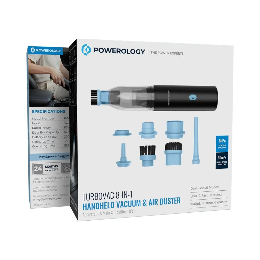 Powerology Turbovac 8-In-1 Handheld Vacuum & Air Duster - Black