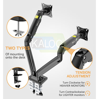 Kaloc DS110-2B PRO ERGO Dual Monitor Arm, Gas Spring & USB Extension & Cable Management for 17 to 32 Inch Screens (Up to 10kg)
