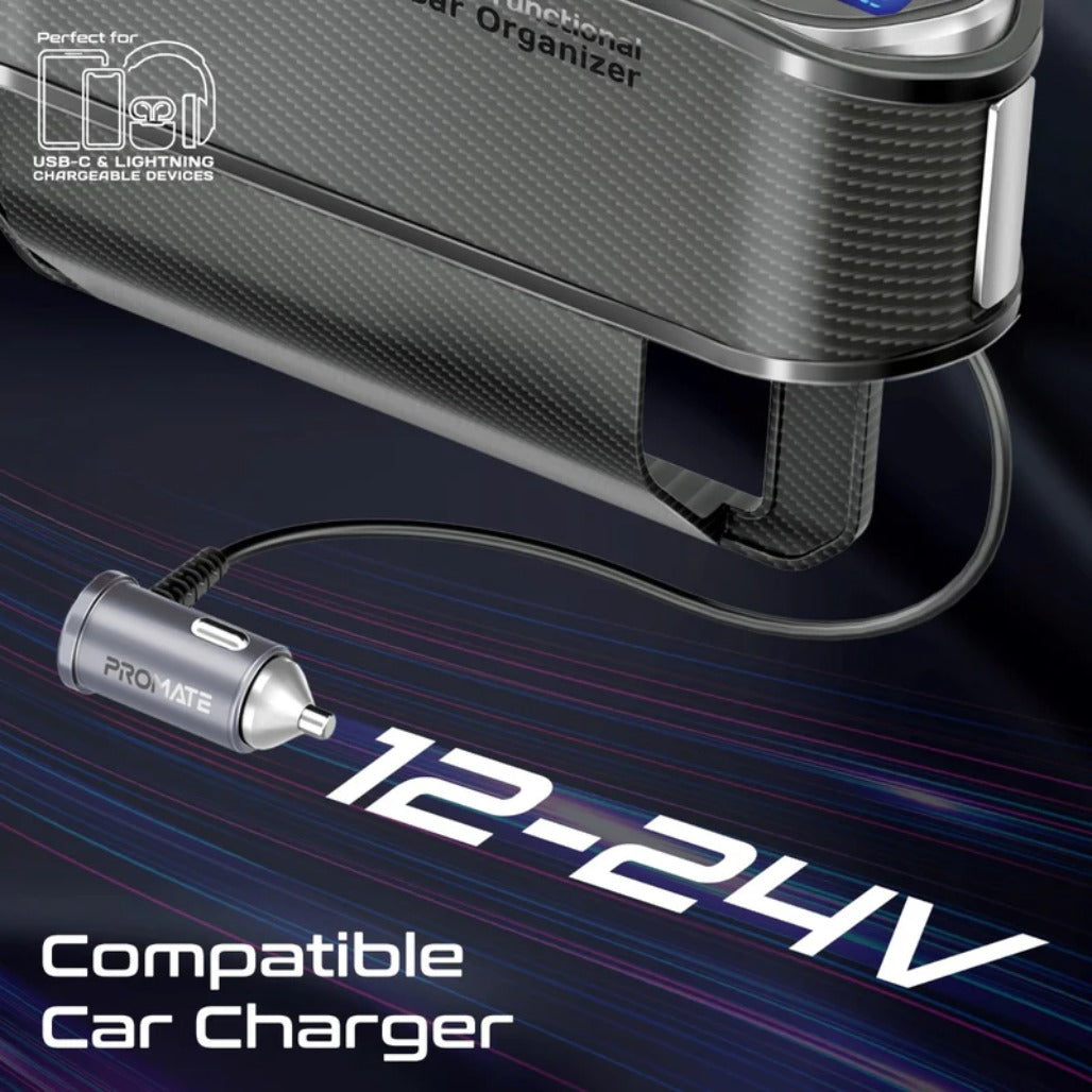 Promate CarMate-RPD 65W Multi-Functional Car Organizer and Charging Station with USB-C & Lightning Retractable Cables