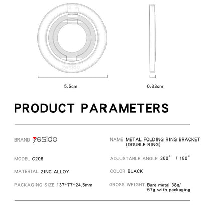Yesido C206 Zinc Alloy 180 Degree Dlip And Fold Built-in N52 Double Ring Metal Folding Ring Phone Holder