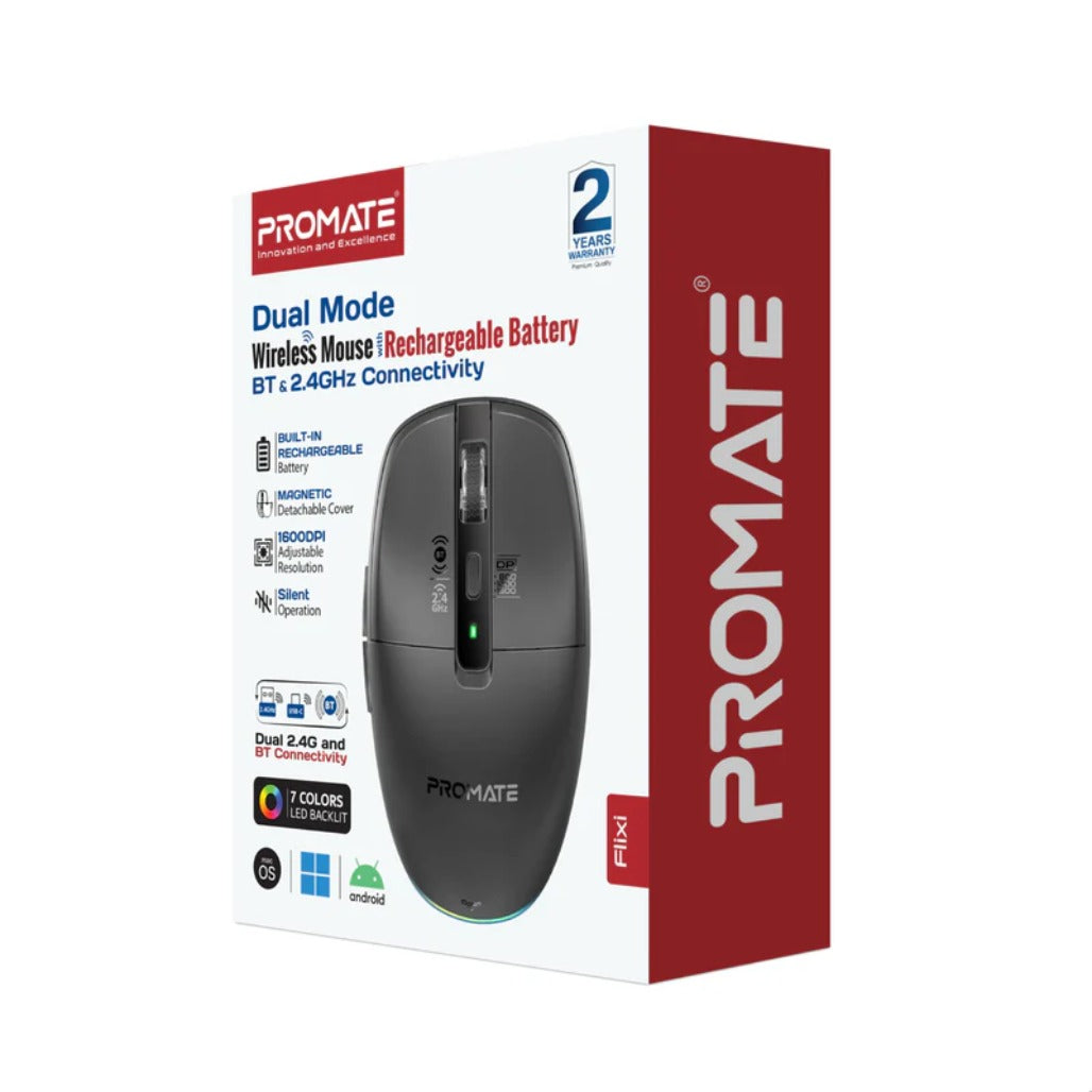 Promate Flixi - Dual Mode Wireless Mouse with Rechargeable Battery BT & 2.4GHz Connectivity
