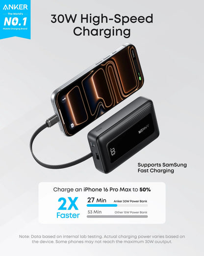 Anker Zolo Power Bank (10K, 30W) with 5.4-Inch Built-In USB-C Cable