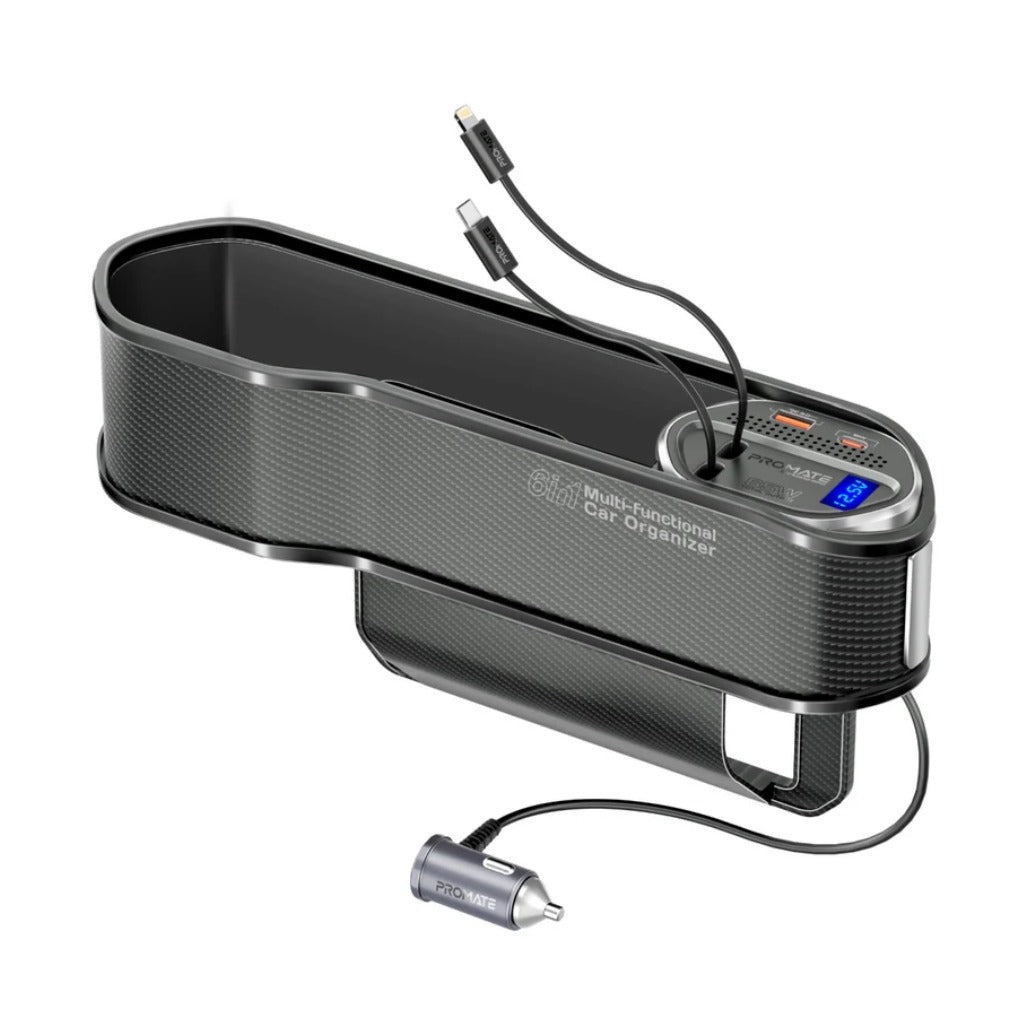 Promate CarMate-RPD 65W Multi-Functional Car Organizer and Charging Station with USB-C & Lightning Retractable Cables