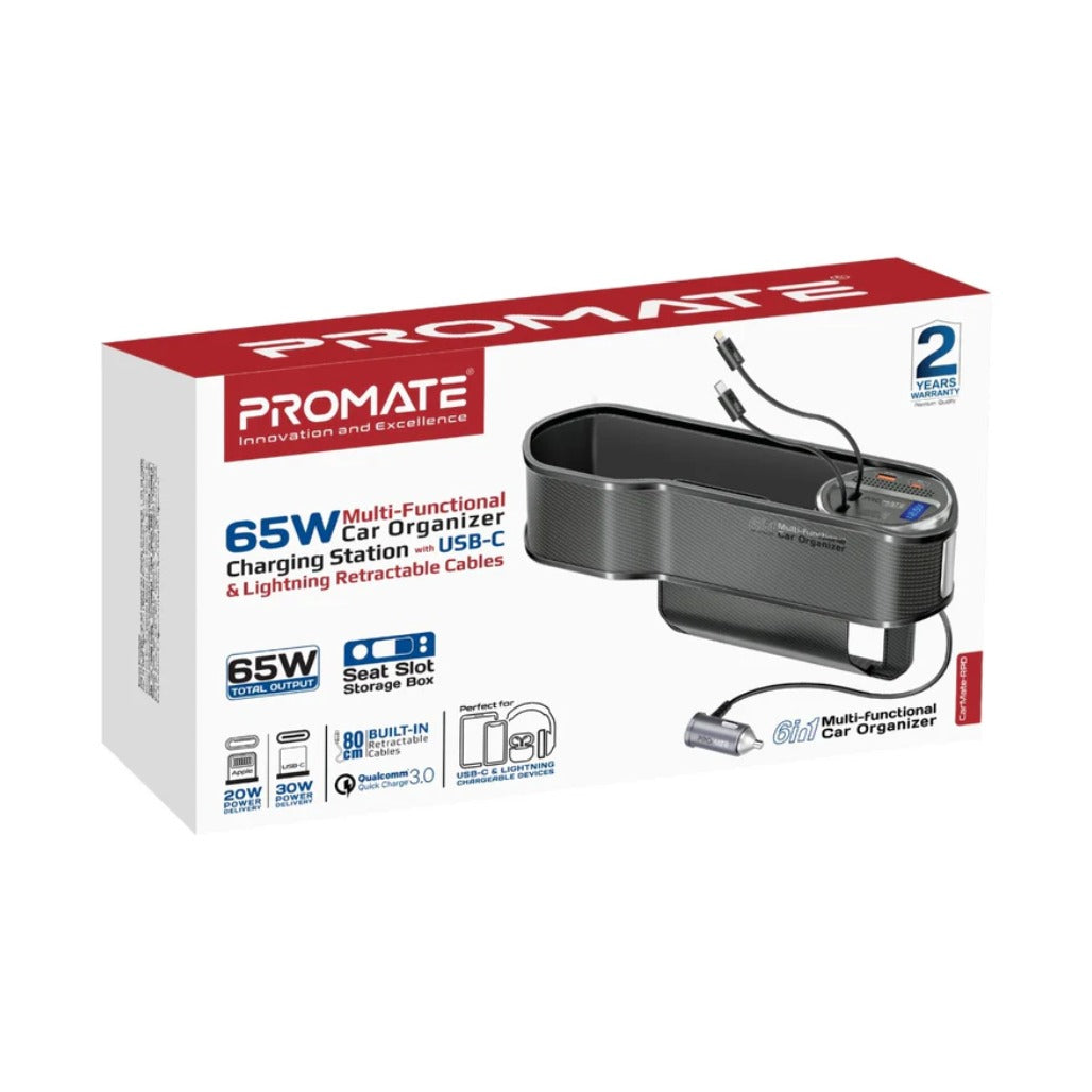 Promate CarMate-RPD 65W Multi-Functional Car Organizer and Charging Station with USB-C & Lightning Retractable Cables