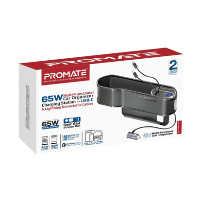 Promate CarMate-RPD 65W Multi-Functional Car Organizer and Charging Station with USB-C & Lightning Retractable Cables