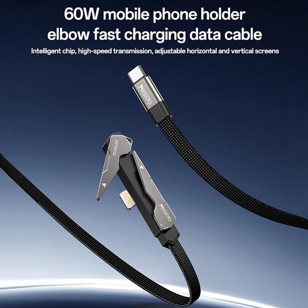Yesido CA208 USB Type-C to Lightning Fast Charging Data Cable with Foldable Stand, Built-in smart chip,27W PD Fast Charge, 3A Output High-Speed Data Transfer 1.2M Braided Cable
