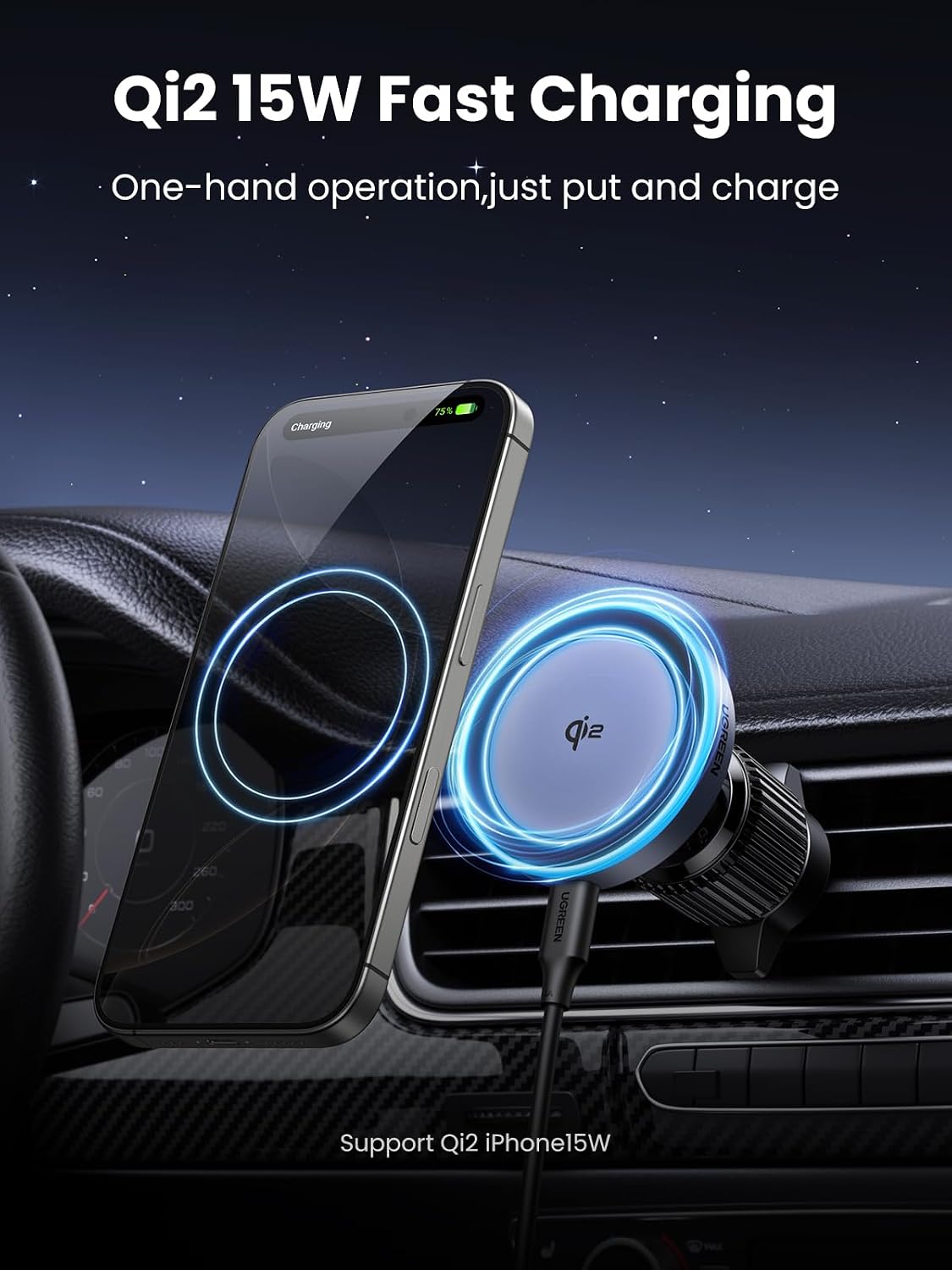 UGREEN Qi2 15W Magnetic Wireless Car Charger Mount