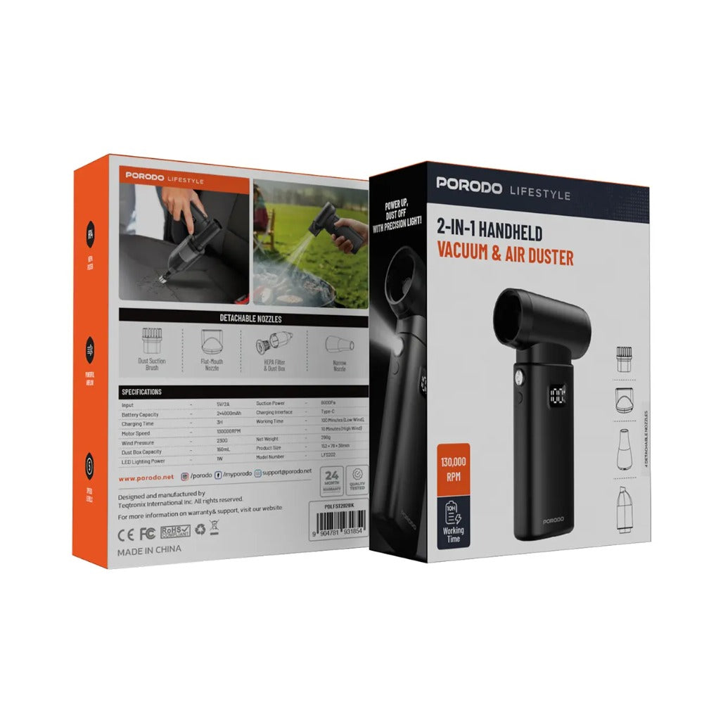 Porodo Lifestyle 2-in-1 Handheld Vacuum & Air Duster - Black