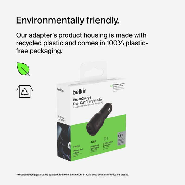 Belkin Dual Car Charger 42W - 30W USB-C Port + 12W USB-A Port