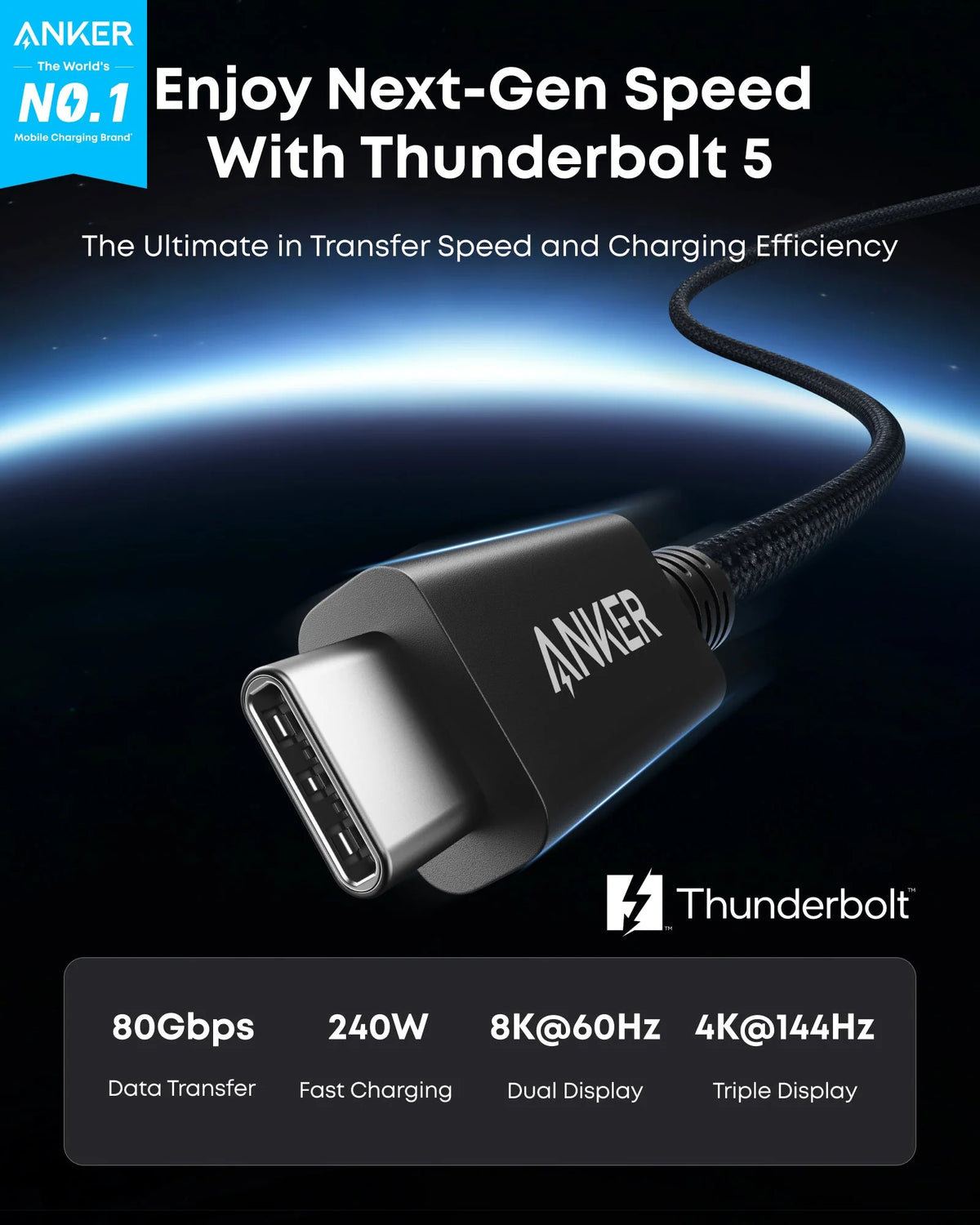 Anker Prime Thunderbolt 5 Cable (3.3 ft / 1.7 ft, 80 Gbps, 240W) - A84N1011