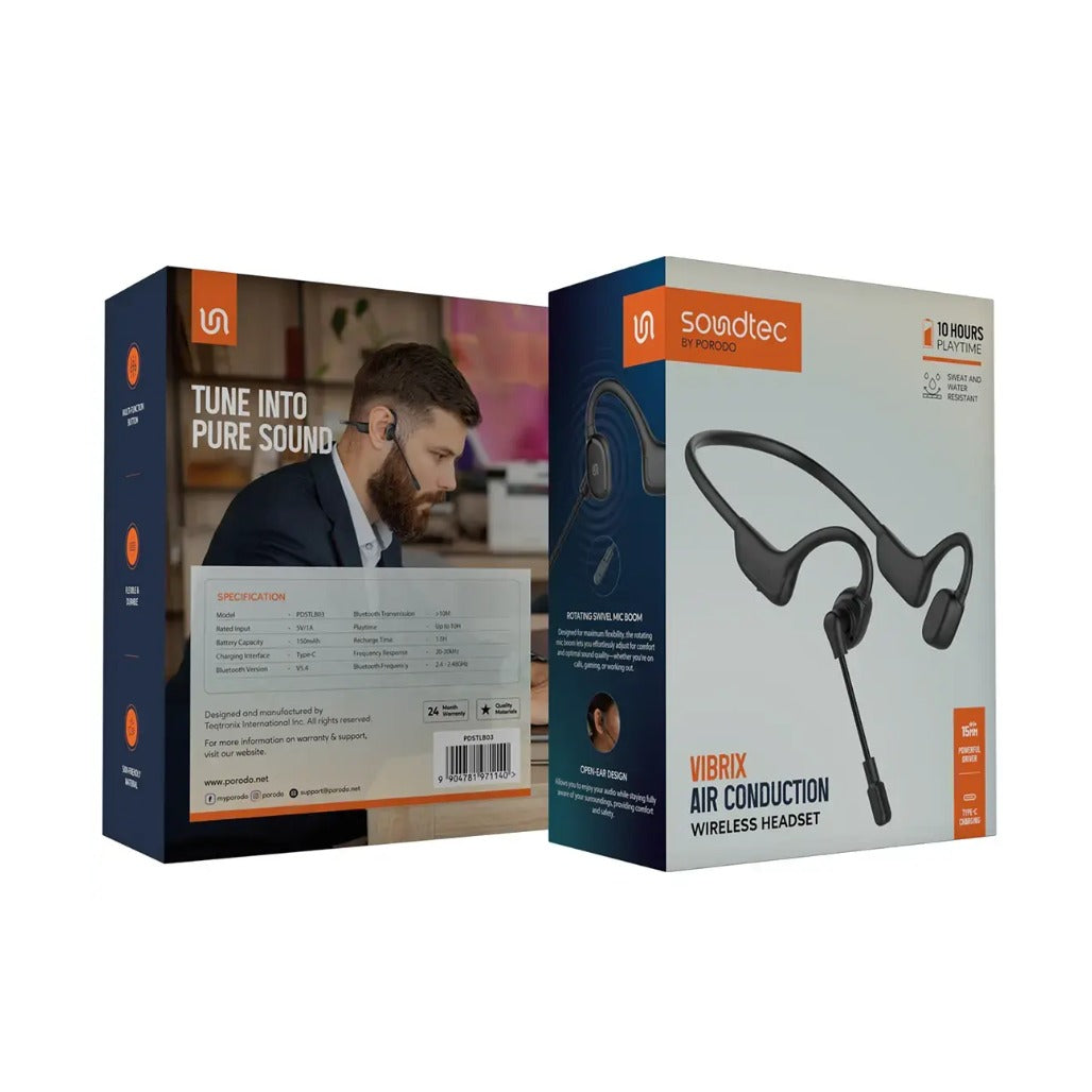 Porodo Soundtec Vibrix Air Conduction Wireless Headset - Black - PDSTLB03