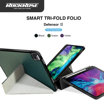 RockRose Defensor II - Smart Tri-Fold Folio For iPad 7 8 & 9 10.2" - Black