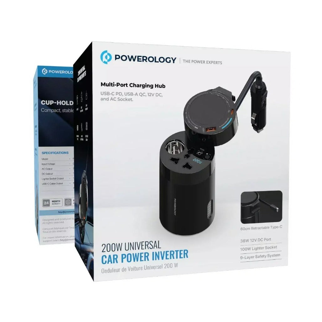 Powerology 200W Universal Car Power Inverter / Multi-Port Charging Hub