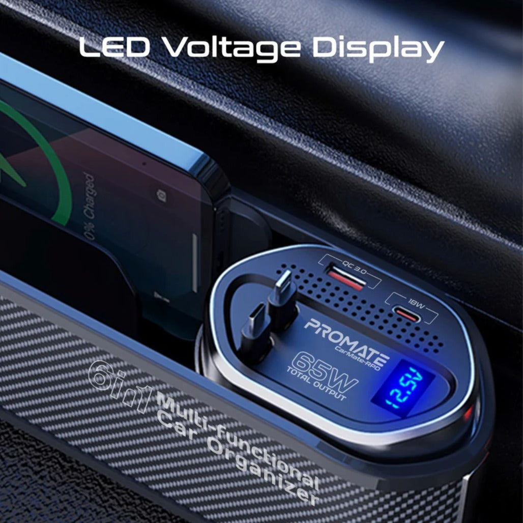 Promate CarMate-RPD 65W Multi-Functional Car Organizer and Charging Station with USB-C & Lightning Retractable Cables