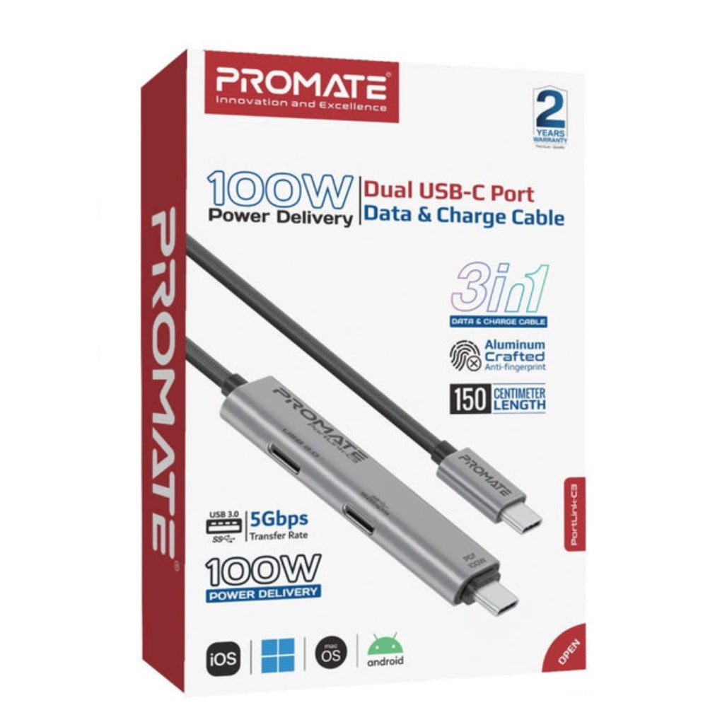 Promate 100W Power Delivery Dual USB-C Port Data and Charge Cable