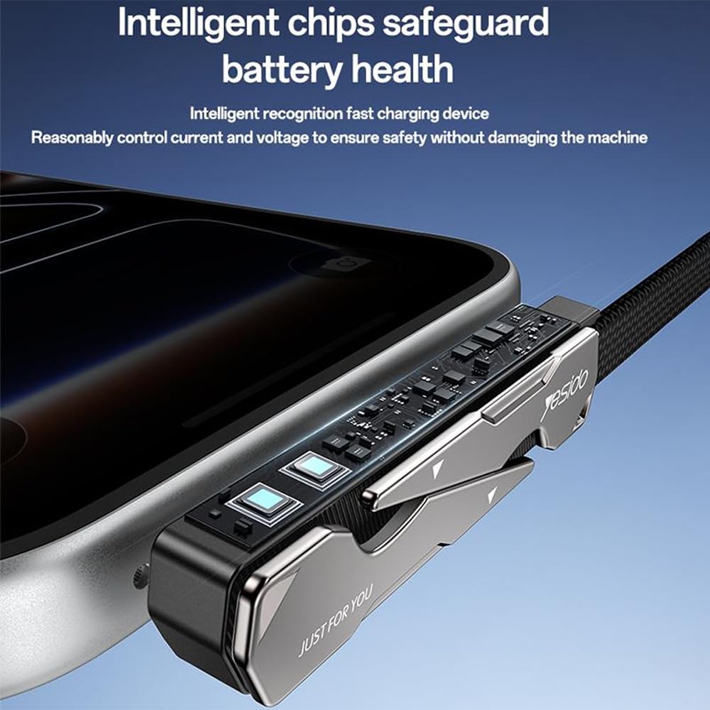 Yesido CA208 USB Type-C to Lightning Fast Charging Data Cable with Foldable Stand, Built-in smart chip,27W PD Fast Charge, 3A Output High-Speed Data Transfer 1.2M Braided Cable