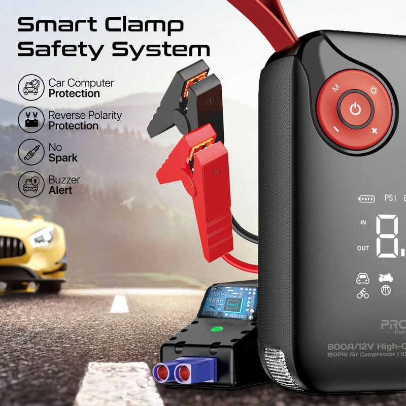 Promate 800A/12V High-Capacity Jump Starter 150PSI Air Compressor with 10000mAh Power Bank & Flashlight
