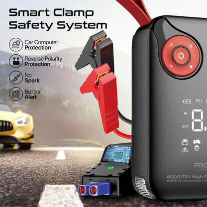 Promate 800A/12V High-Capacity Jump Starter 150PSI Air Compressor with 10000mAh Power Bank & Flashlight