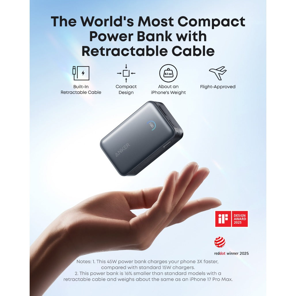 Anker Nano Power Bank (10K, 45W, Built-In Retractable USB-C Cable) - A1638H11