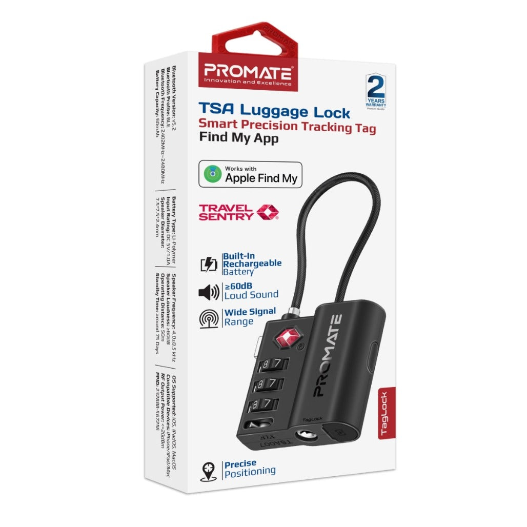 Promate TSA Luggage Lock with Smart Precision Tracking Tag, works with Find My App