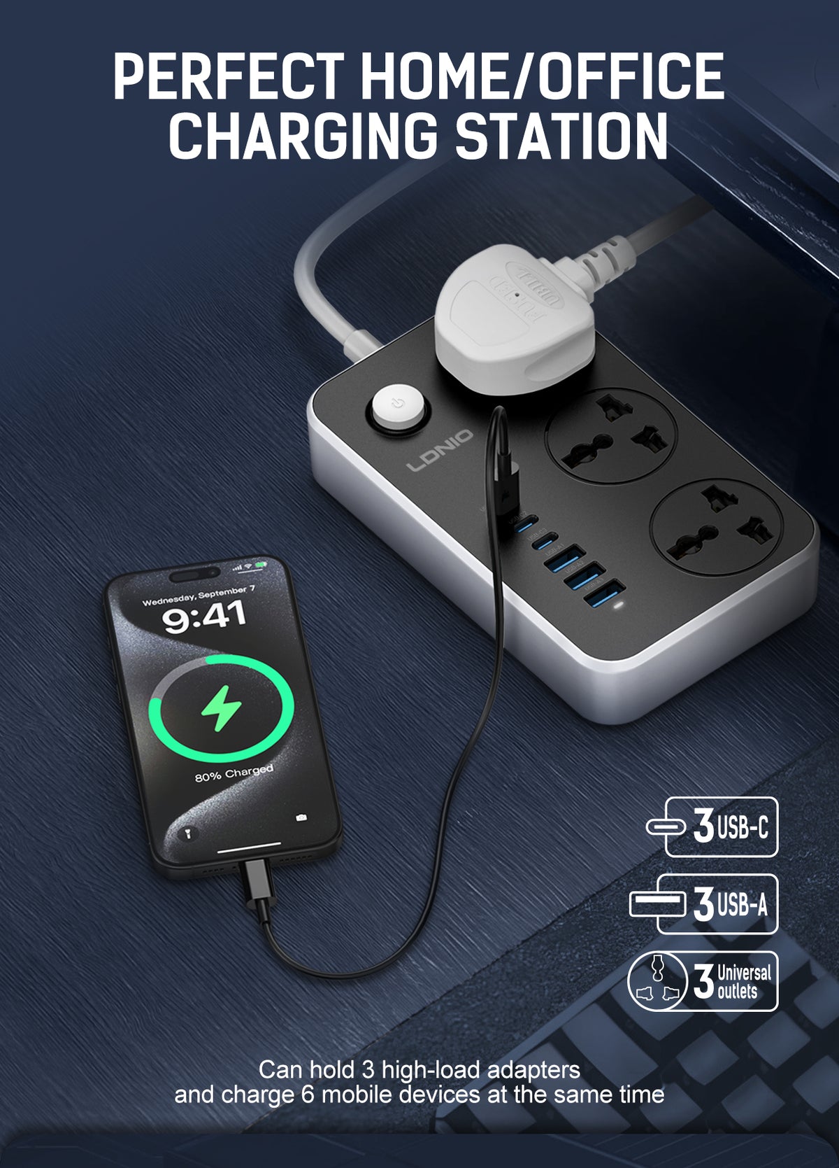 LDNIO SC3604C Power Strip With Usb Port 3 Outlets Socket 3 Usb-a +3 Usb-c Port Power Socket Extension Cord Surge Protector Plug