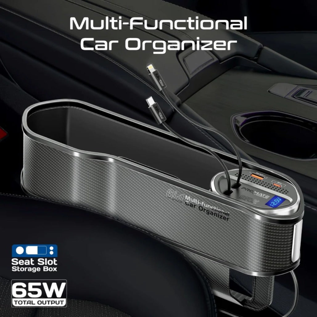 Promate CarMate-RPD 65W Multi-Functional Car Organizer and Charging Station with USB-C & Lightning Retractable Cables