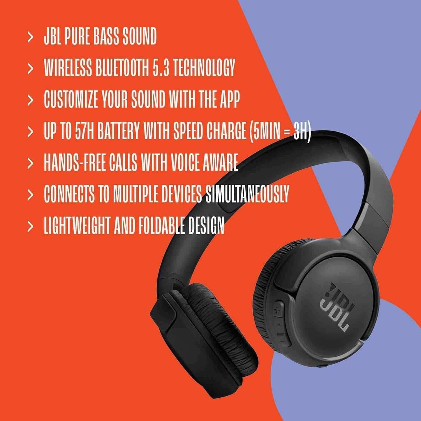 JBL Tune 520BT Wireless Pure Bass Sound Headphones Navy Blue - Pixel Zones