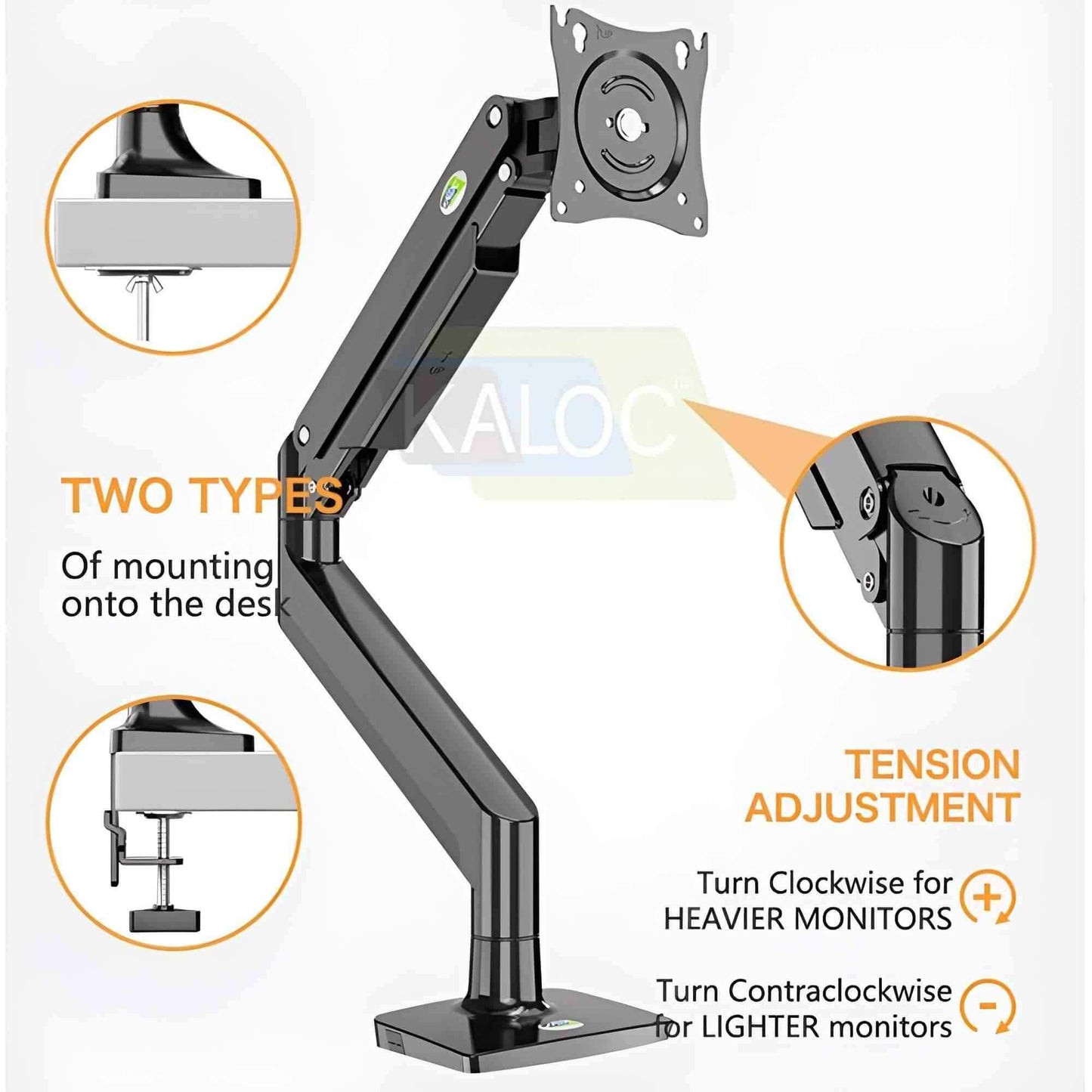 Kaloc DS160-S Single Desk Monitor Arm Adjustable Gas Spring Support Max 40 Inch - Pixel Zones