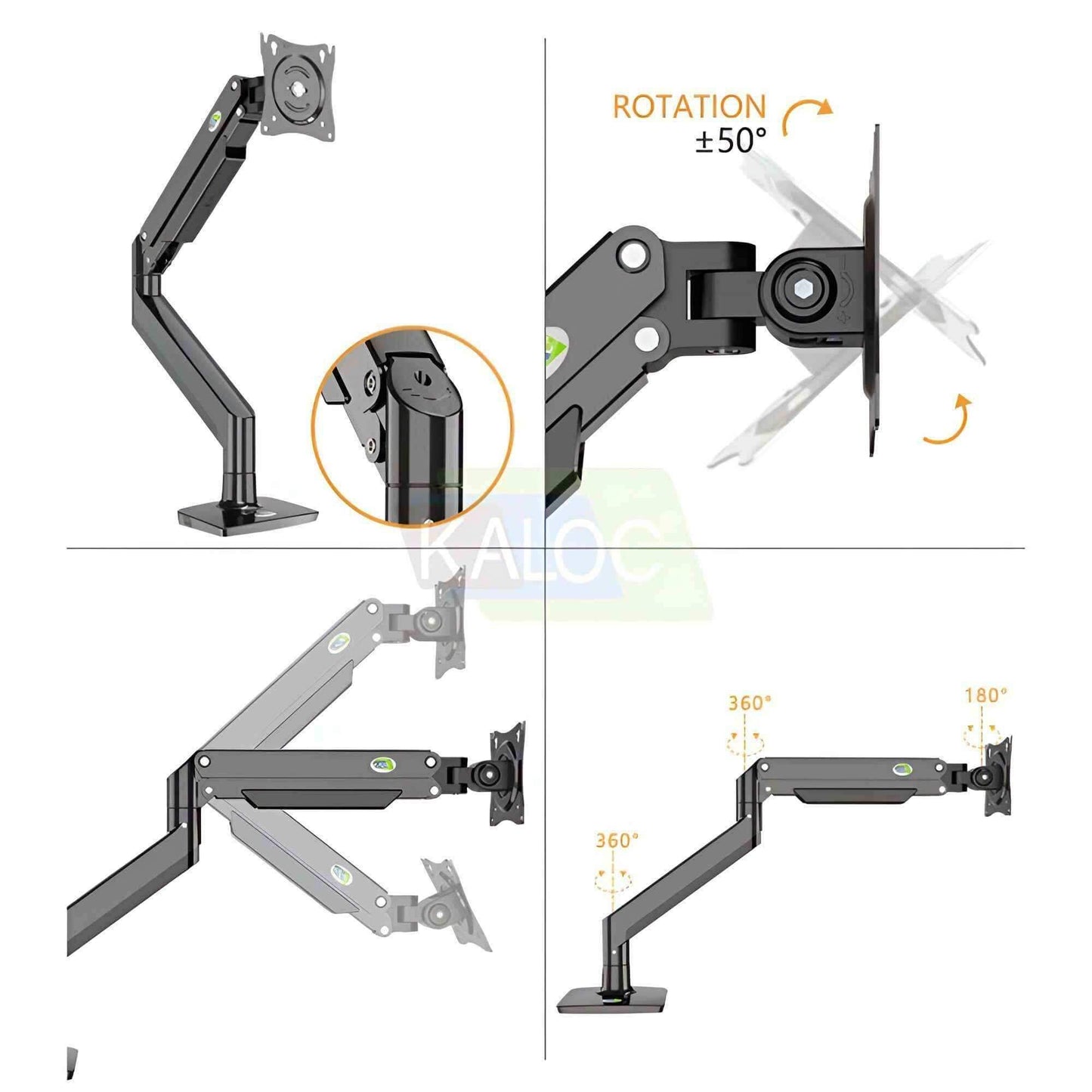 Kaloc DS160-S Single Desk Monitor Arm Adjustable Gas Spring Support Max 40 Inch - Pixel Zones