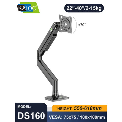 Kaloc DS160 Adjustable Single Monitor Arm – Gas Spring, 22″–40″ Screens