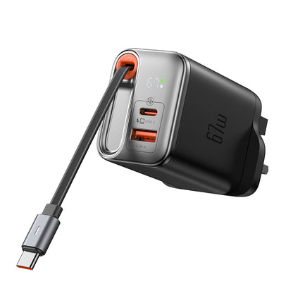 Mcdodo 67W GaN Charger with Built-in Retractable Cable - Black EU Plug