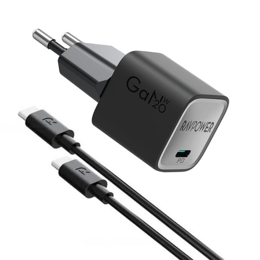 RAVPower 20W Wall Charger with USB-C to USB-C Cable Package - Black - RP-PC1075