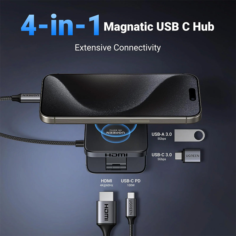 UGREEN 4-in-1 Magnetic USB-C Hub for Phone – 4K@60Hz HDMI, 100W PD, Data Transfer